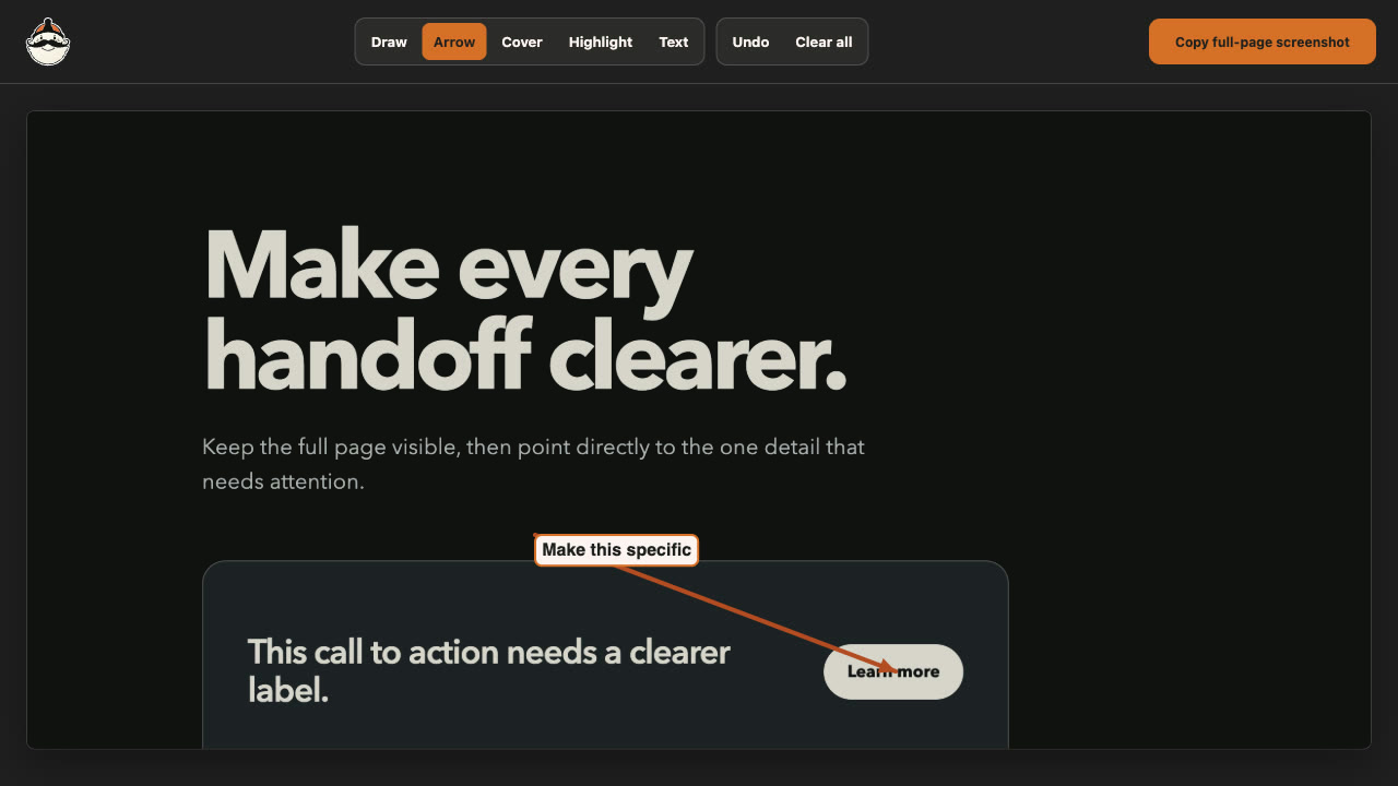 Fully McFullface editor with an arrow and text note marking a call-to-action on a captured webpage